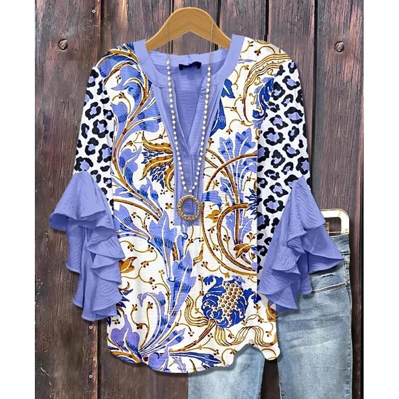 Women's Blouse V Neck Layered Ruffle Sleeve Tops Floral Graphic Paisley Bohemia Vintage Daily 3/4 Length Sleeve Regular Tops Daily Holiday Vacation Wear Print Black Pink Purple Violet Beige Summer2