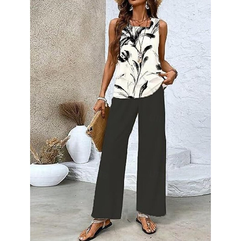 Women's 2 Pieces Fashion Streetwear Daily Camis Pants Sets Sleeveless Square Neck Floral Graphic Print Outdoor Casual Daily Black White Blue Summer Loose Fit