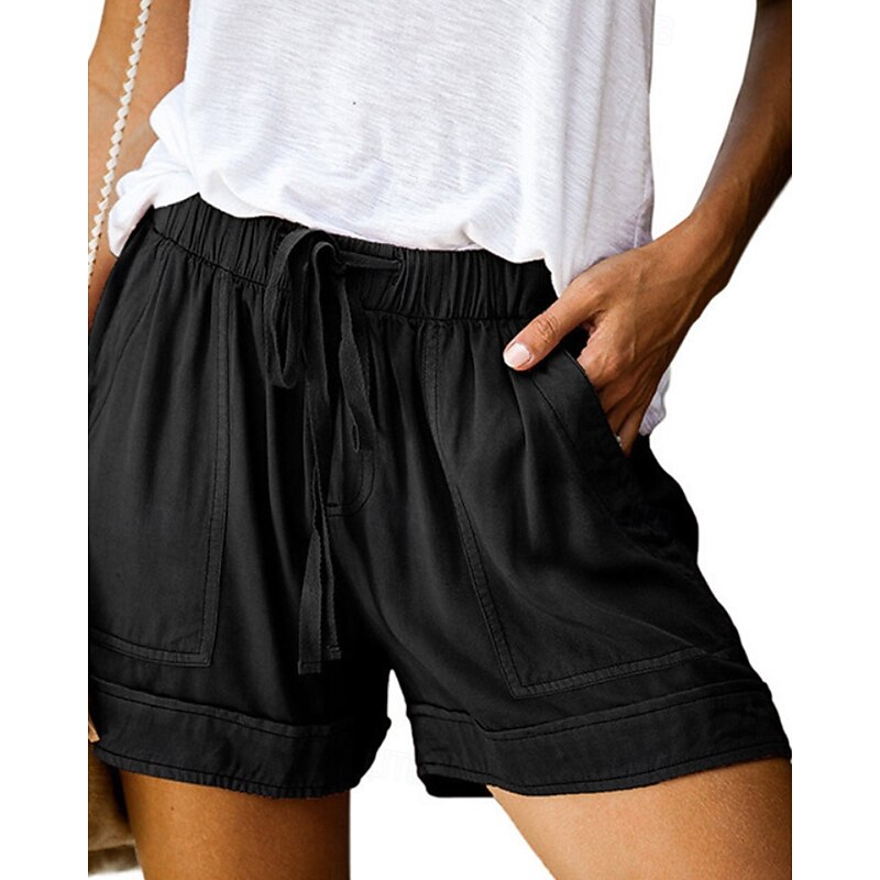 Women's Linen-Inspired Pants Shorts Slacks Fashion Streetwear Short Natural Plain Pocket Elastic Drawstring Design Comfy Outdoor Outdoor Street claret Azure Depression Green Navy Summer Regular Fit3