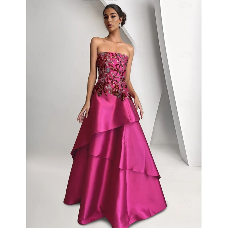 Beaded Gown Dropped Waist A-Line Evening Gown Asymmetrical Tiered Dress Formal Semi Formal Wedding Floor Length Sleeveless Satin