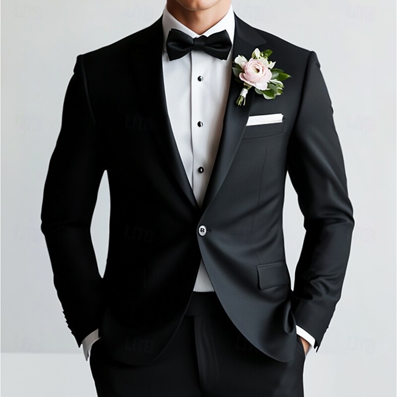 Men's Wedding Suits Black Tie Tuxedos Summer Fashion Formal Solid Colored Standard Fit 2 Piece Single Breasted One-button2