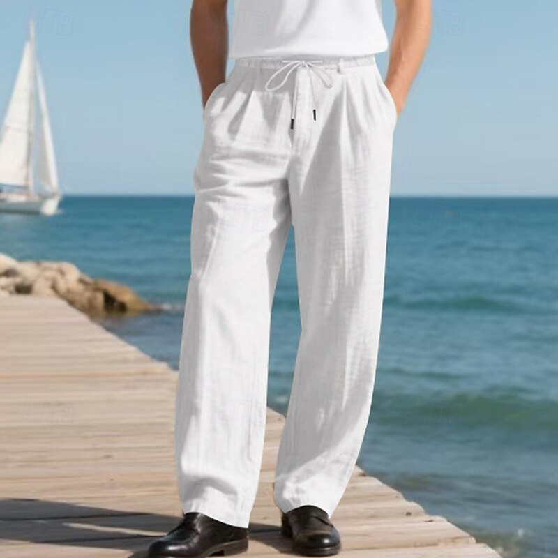 Men's Linen Pants Trousers Summer Pants Baggy Pants Beach Pants Drawstring Elastic Waist Straight Leg Plain Comfort Breathable Full Length Outdoor Daily Holiday Vacation Classic Style Black White2
