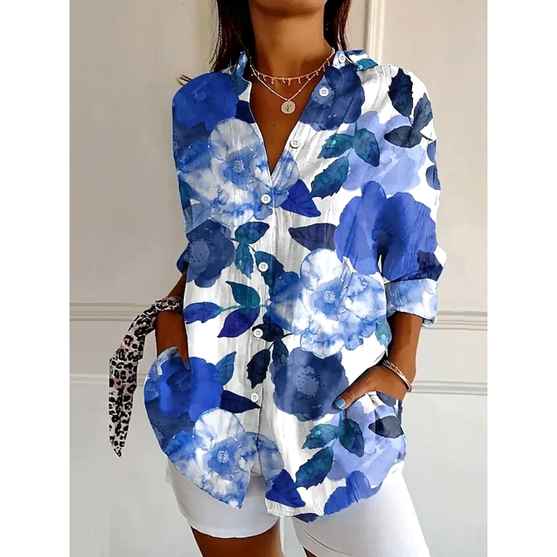 Women's Shirt Button Down Tunic Shirt Collar Long Sleeve Floral Graphic Leaf Vintage Tropical Daily Regular Tops Work Daily Holiday s Print Blue Spring