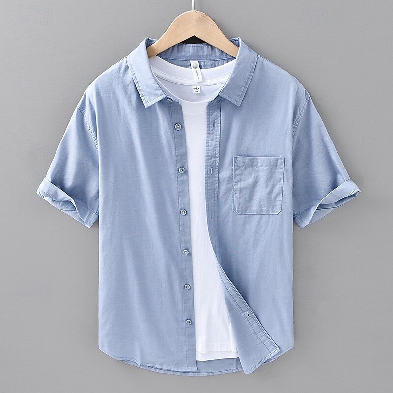 Men's Shirt Linen Shirt Casual Shirt Button Up Shirt Cotton Shirt Plain Vacation Street White Navy Blue Blue Green Short Sleeve Turndown Summer Clothing Apparel Pocket4