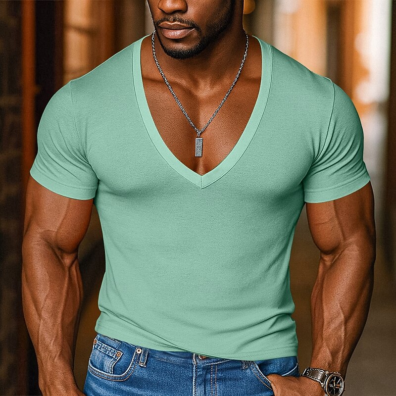 Men's T Shirt Tee Top Short Sleeves V Neck Summer Solid Color Fashion Designer Basic V Neck Vacation Street Casual Light Blue Black Pink Top Tee for Men