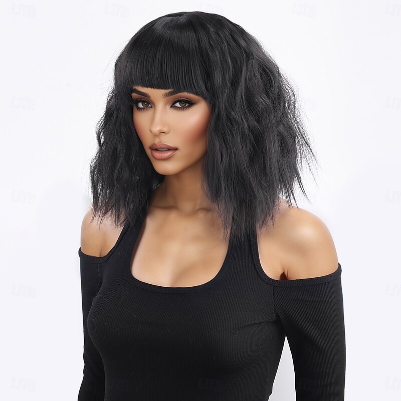 Synthetic Wig kinky Straight Water Wave Asymmetrical Neat Bang Machine Made Wig 14 inch A1 Synthetic Hair Women's Classic Comfortable Color Gradient Black4