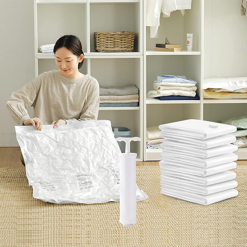 5 Pack Vacuum Compression Bag with with Hand Pump for Travel, Space Saving Vacuum Storage Sack, Travel Essentials Compression Bags, Vacuum Seal Bags for Clothes