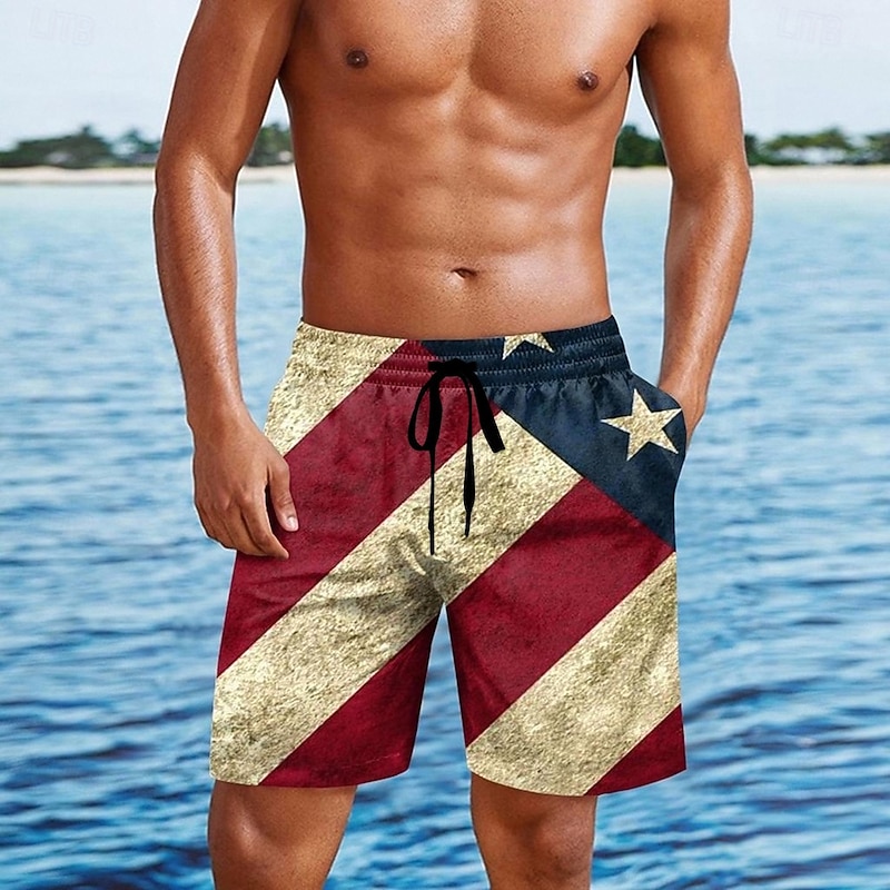 Independence Day Men's American US Flag Patriotic Swim Trunks Swim Shorts Board Shorts Mid Waist Hawaiian Holiday Side Pockets Mesh Lining Elastic Drawstring Waist Designer Clothing Apparel