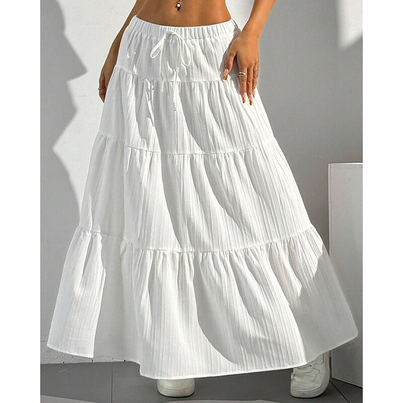 Women's Skirt Swing Fashion Maxi Mid Rise Skirts Plain Ruched Drawstring Micro-elastic Vacation Going out Black White Red Brown Summer Polyester