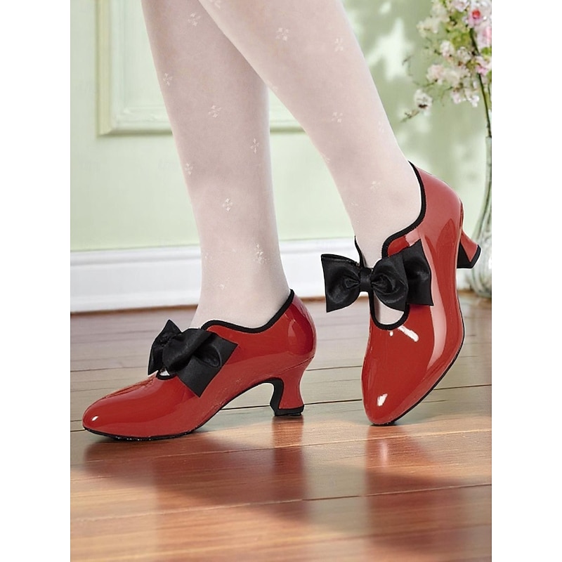 Women's Red Patent Leather Low Heel Shoes – Vintage 1920s Style Pointed Toe Pumps with Black Bow for Tea Party, Wedding, and Retro Events4