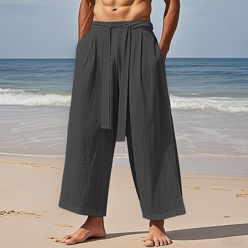 Men's Linen Pants Trousers Summer Pants Beach Pants Pocket Drawstring Elastic Waist Plain Comfort Breathable Vacation Daily Holiday Hawaiian Boho Black Beige2