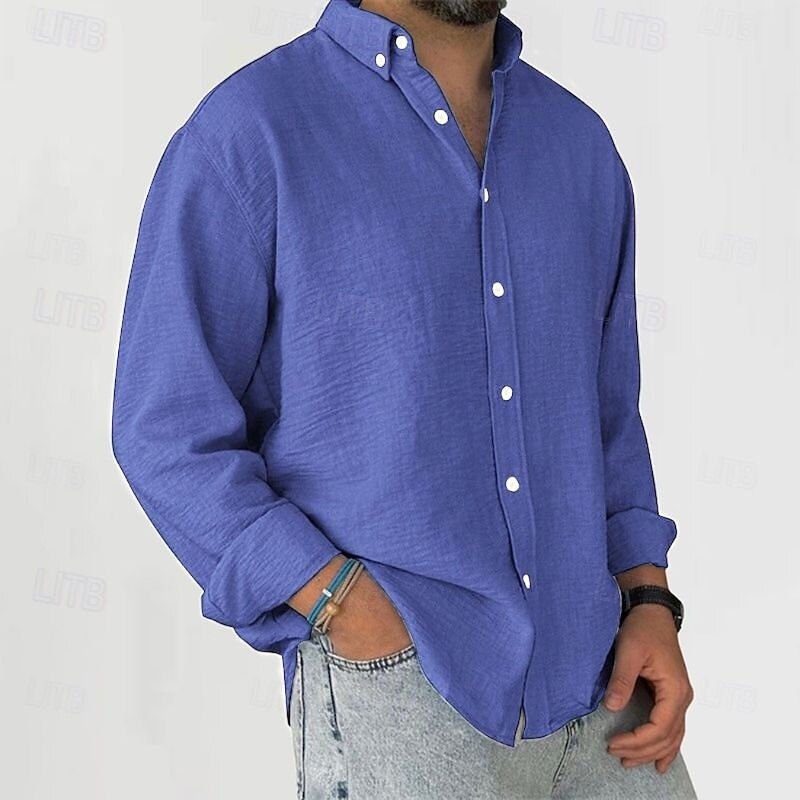 Men's Cotton Linen Shirt Plain Vacation Daily Wear Black White Pink Royal Blue Long Sleeve Shirt Collar Spring &  Fall Clothing Apparel Button-Down2
