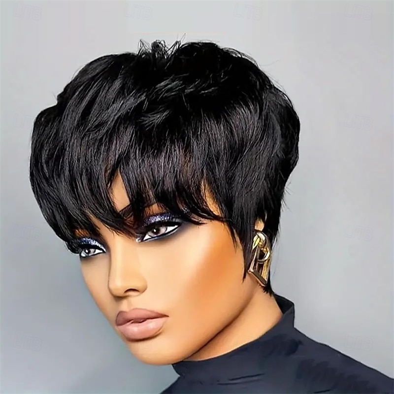 Pixie Cut Wig Synthetic Wig Short Layered Pixie Cut Wigs for Black Women Glueless Short Straight Bob Wig Black Color4