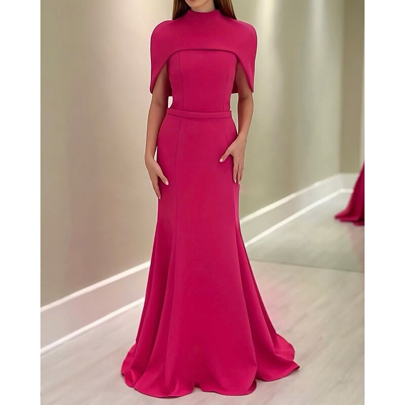 2-in-1 Cape DressMermaid / Trumpet Evening Gown Elegant Dress Formal Semi Formal Wedding Floor Length Sleeveless MocK Neck with Stretch Crepe