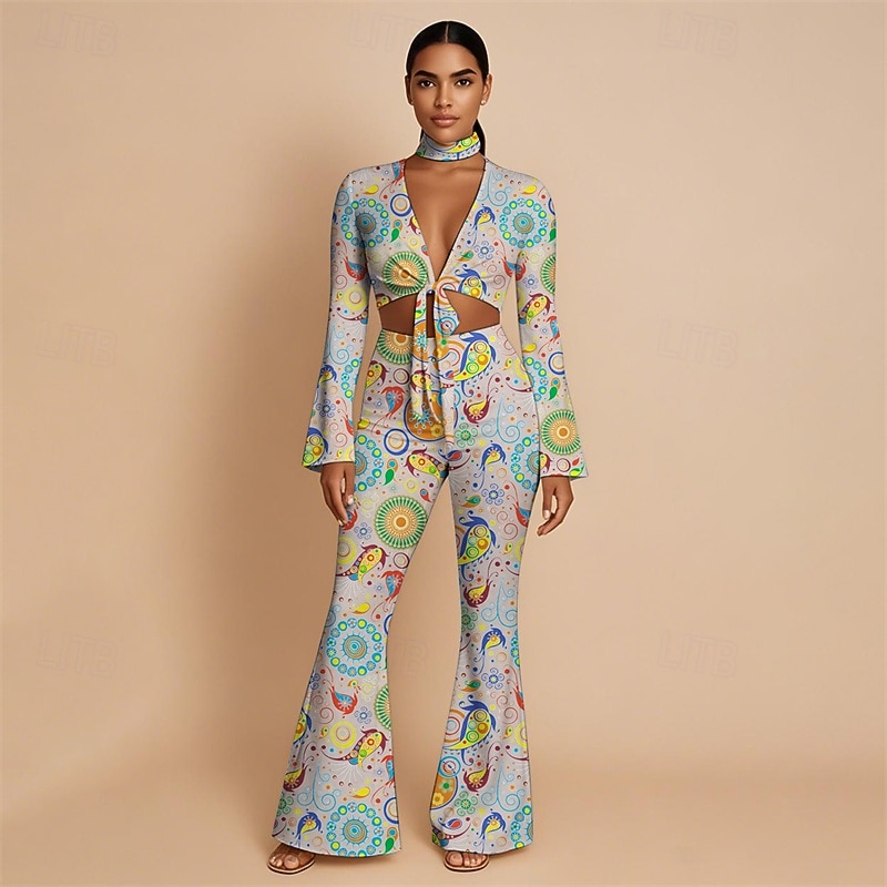 Retro Vintage 1970s Groovy Tie Front Flared Pants Set Hippie Disco Paisley Tribal Fancy Dress Women's Halloween Carnival Vacation Music Festival Festival Adults' Top Pants Headband2