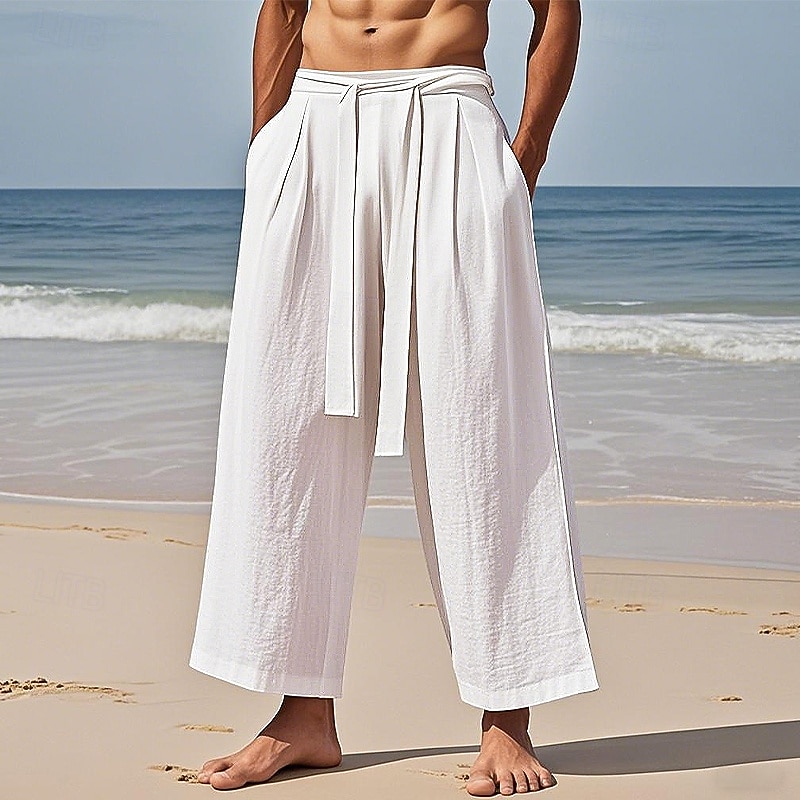 Men's Linen Pants Trousers Summer Pants Beach Pants Pocket Drawstring Elastic Waist Plain Comfort Breathable Vacation Daily Holiday Hawaiian Boho Black Beige