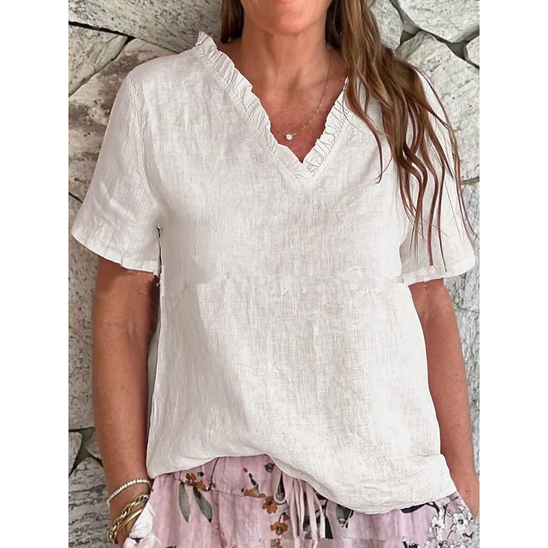 Women's Cotton Linen Blouse Solid Color Elegant Casual Short Sleeve V Neck Regular Tops Daily Holiday Ruffle Black White Yellow Pink Blue Summer Spring