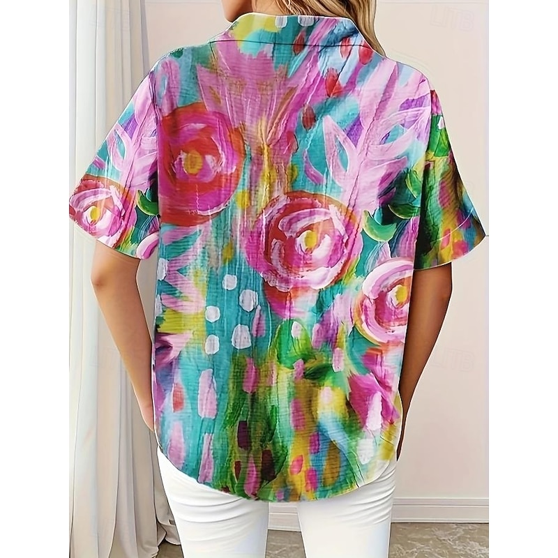 Women's Shirt Long Sleeve Button Down Blouse Floral Graphic Active Daily Stylish Short Sleeve Shirt Collar Regular Tops Daily White Red Fuchsia Summer Spring2