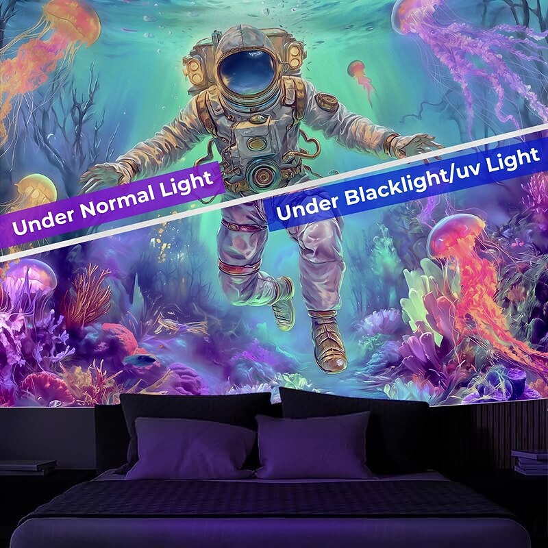 Blacklight Tapestry Glow in the Dark Glow Party UV Reactive Astronaut Trippy Misty Mushroom Hanging Tapestry Wall Art Mural for Living Room Bedroom3