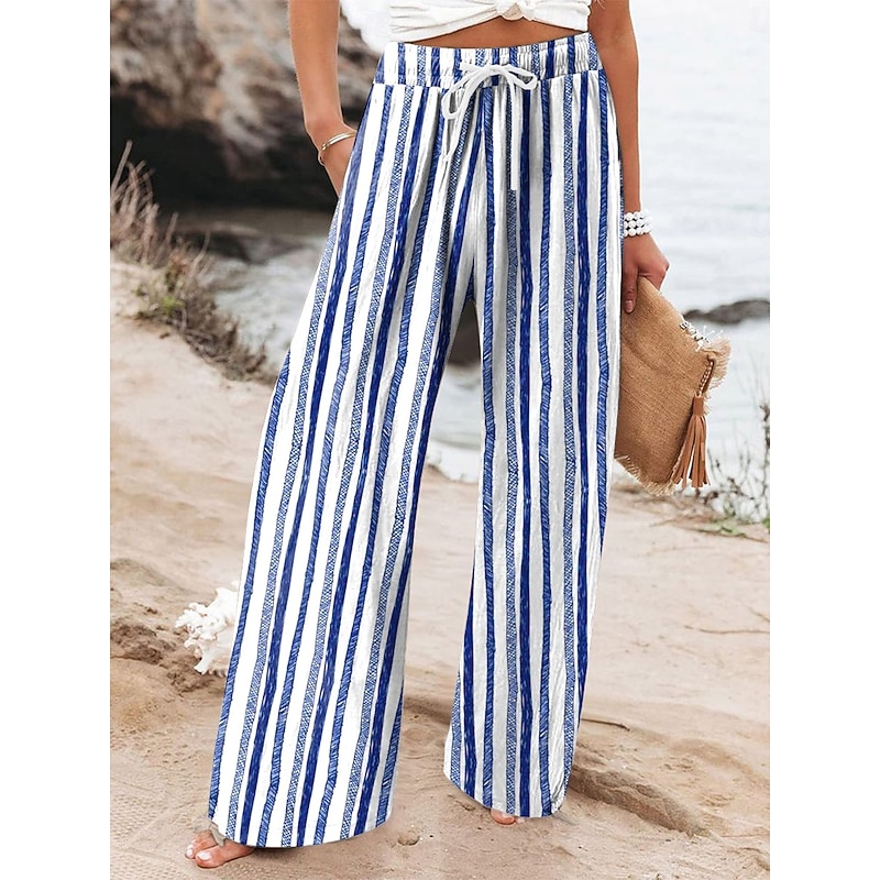 Women's Wide Leg Chinos Beach Shorts Vacation Fashion Casual Full Length High Waist Graphic Geometric Drawstring Printing Soft Breathable Micro-elastic Vacation Casual Daily Violet Robin's Egg Blue