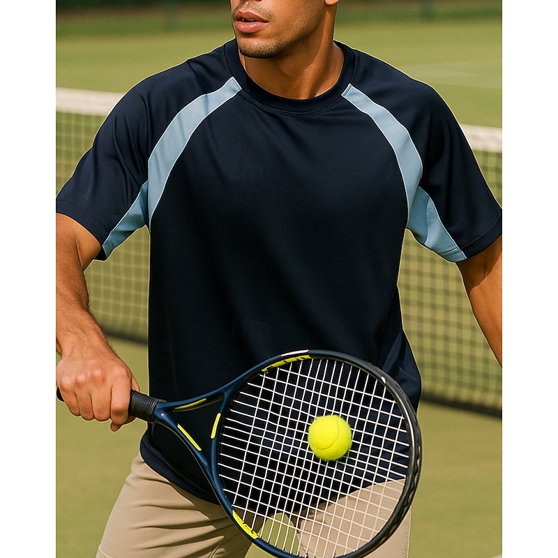 Men's Patchwork Tennis Tee Short Sleeves Contrast Binding Sweat-Wicking Moisture Wicking Breathable Tennis Golf Pickleball Crew Neck Black+Blue Grey Tennis Clothing3
