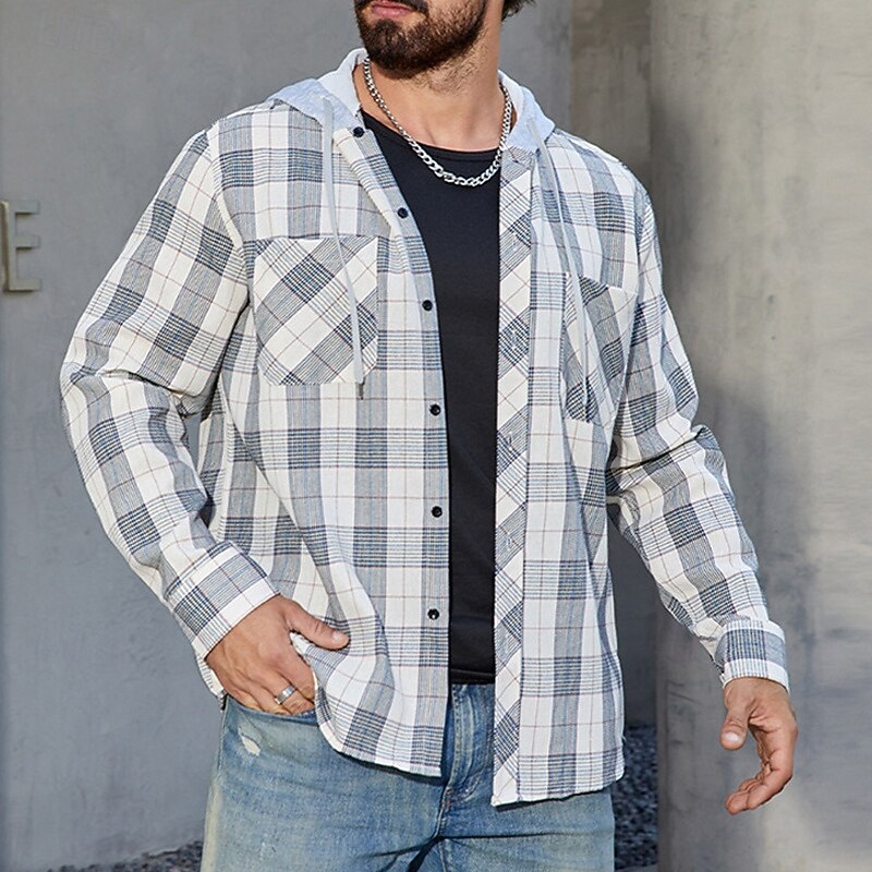 Men's Shirt Jacket Winter Jacket Shacket Plaid / Check Vacation Daily Wear Light Blue Black White Long Sleeve Hooded Winter Autumn / Fall Clothing Apparel Pocket3