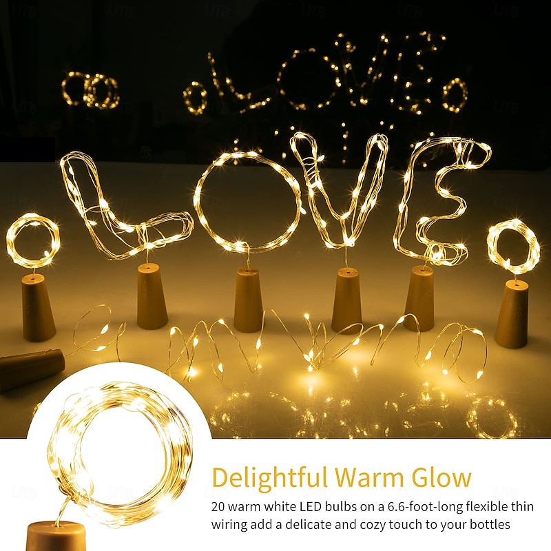 10 Pcs 2M-20 LED Beads Bottle Stopper Copper Wire Light String Indoor Valentine's Day Wedding Party Party Christmas Halloween Festival Atmosphere Decoration Light String LR44 * 3 battery2