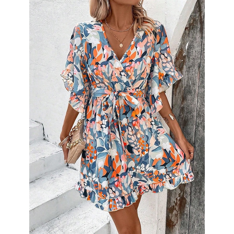 Women's Mini Dress Ruffle Dress Casual Flutter Sleeve Form Fit Ditsy Floral Short Sleeve V Neck Orange Summer Fall
