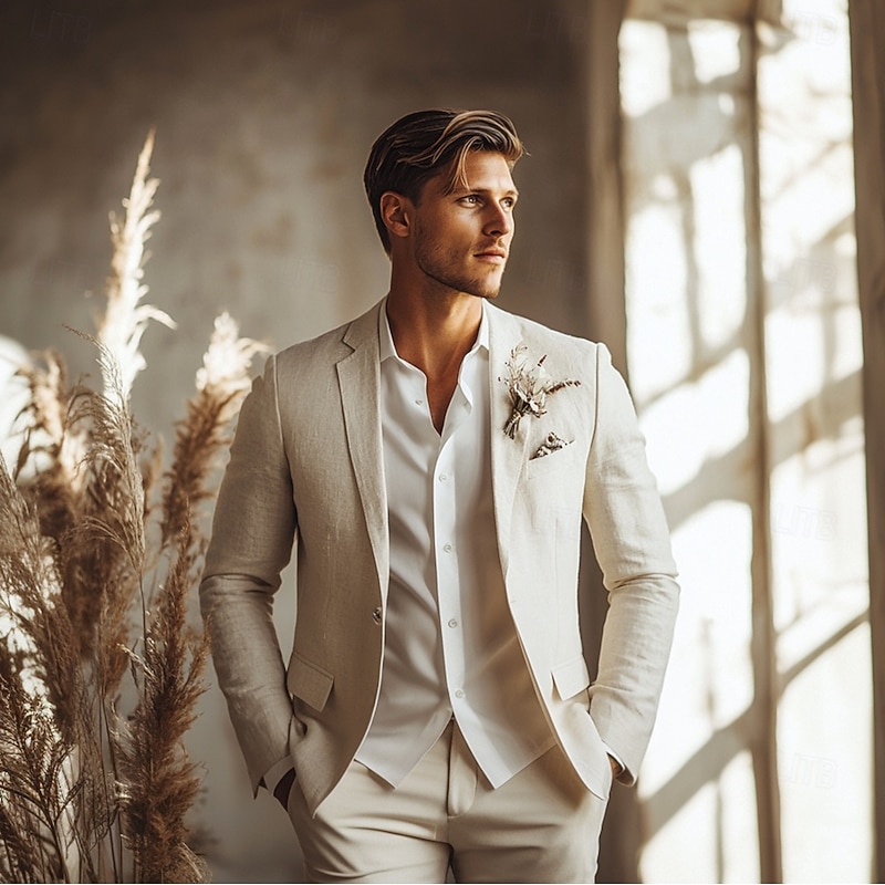 Men's Casual Wedding Linen Suits Beige Summer Half Lined Lightweight Solid Colored Standard Fit 2 Piece Single Breasted One-button