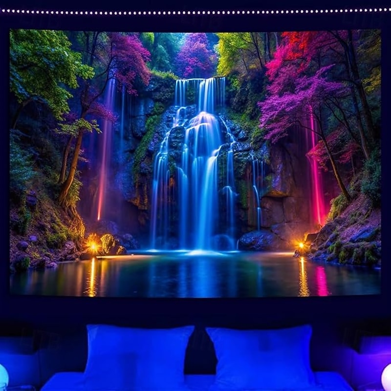 Blacklight Tapestry Glow in the Dark Glow Party UV Reactive Waterfall Trippy Mountain Misty Nature Landscape Hanging Tapestry Wall Art Mural for Living Room Bedroom