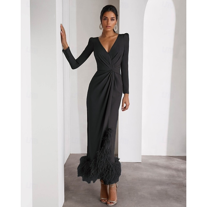 Feather Column Cocktail Formal Dresses Elegant Dress Wedding Guest Ankle Length Long Sleeve V Neck Stretch Crepe