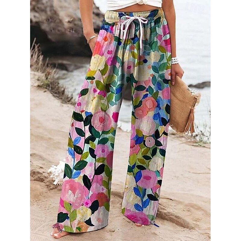 Women's Wide Leg Chinos Baggy Pants Vacation Fashion Hawaiian Full Length High Waist Floral Graphic Drawstring Printing Soft Breathable Micro-elastic Vacation Street Causal Violet off-white Deep Blue
