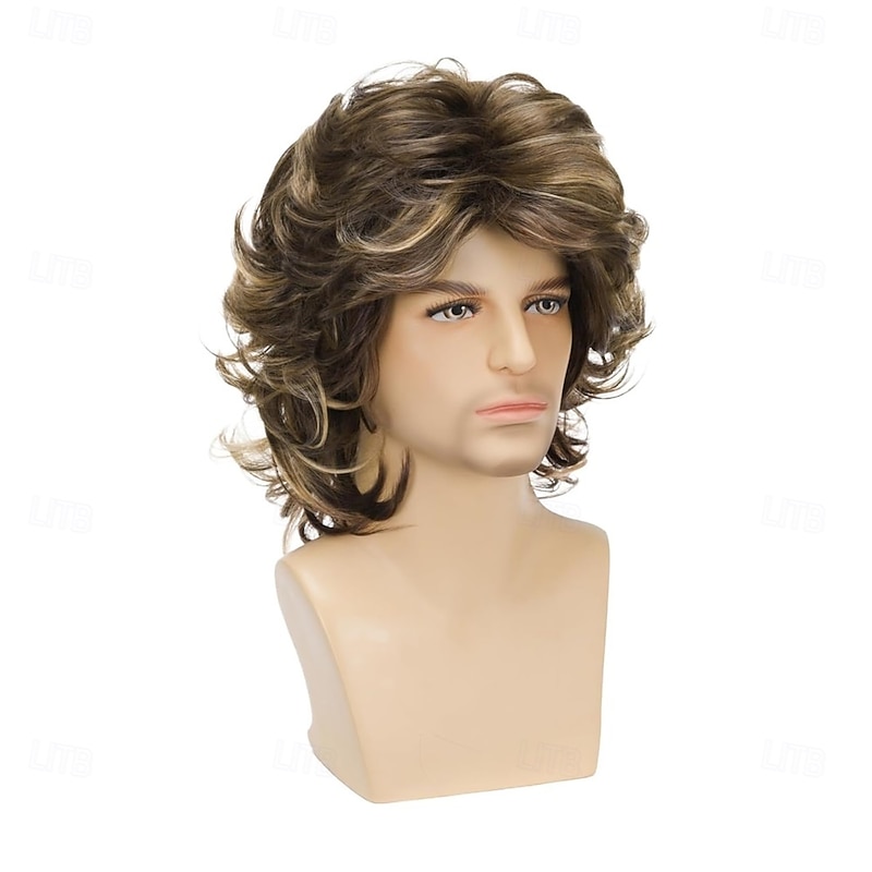 Mens Short Brown Wig Mix Blonde Fluffy Wavy Layered WigCosplay Rocker Party Halloween Costume Synthetic Hair4