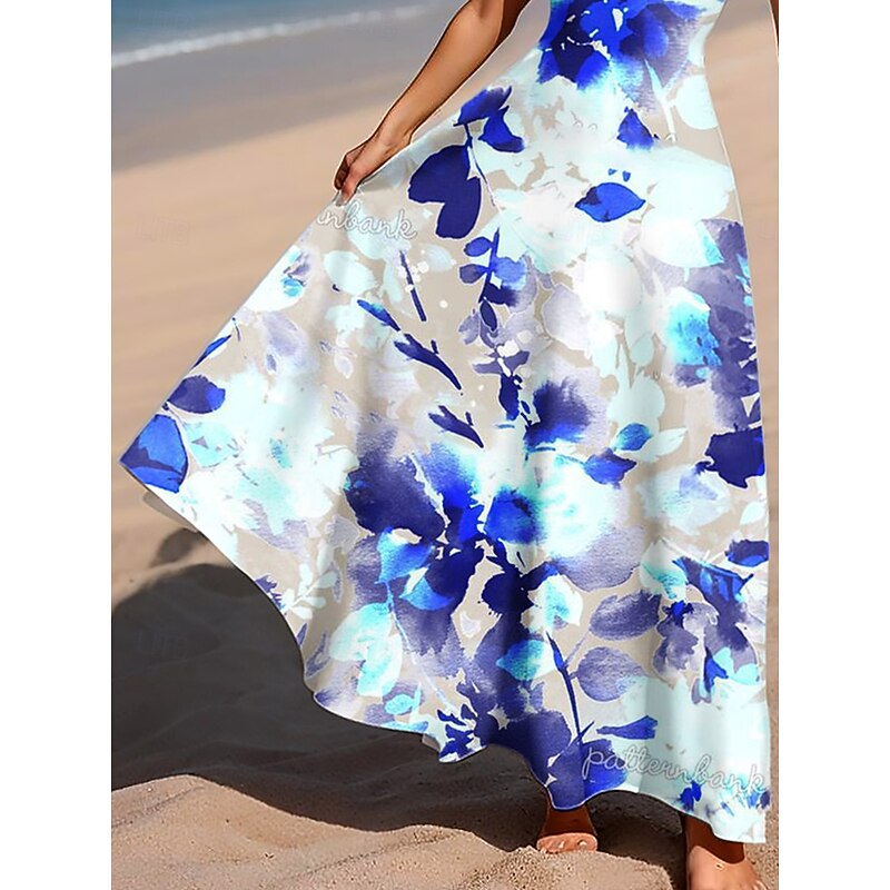 Women's Maxi Dress A Line Dress Off The Shoulder Dress Vacation Casual Beach Party Loose Fit Floral Graphic Sleeveless Square Neck Scoop Neck Royal Blue Summer Spring3