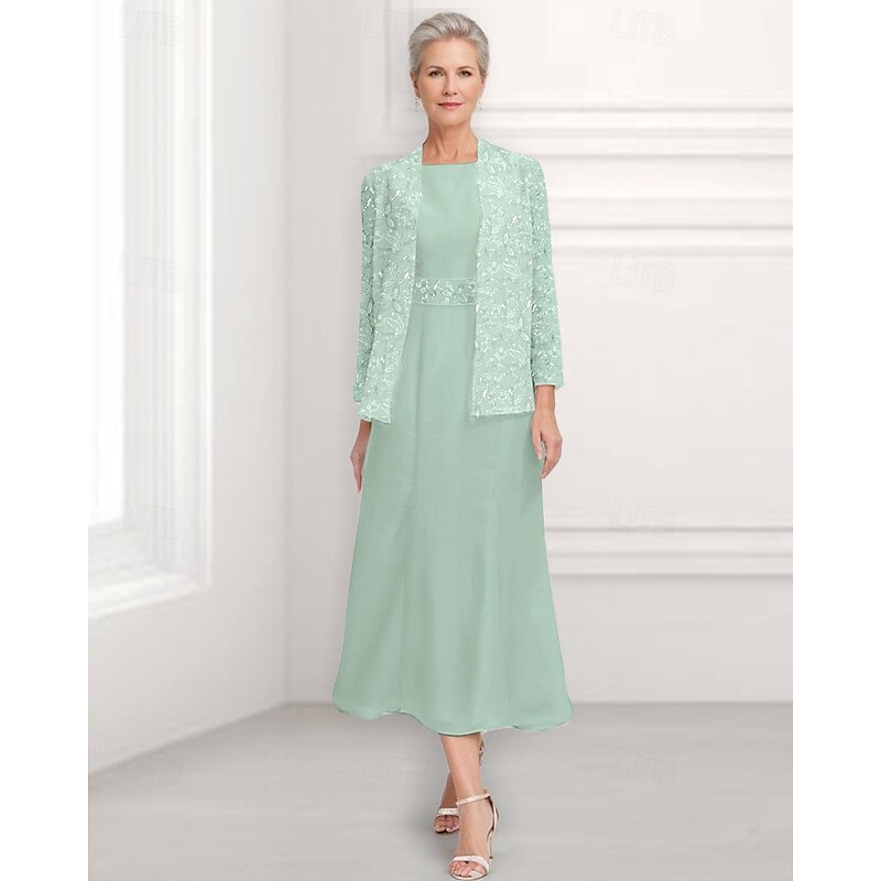A-Line Dress Mother of the Bride Dress Wedding Guest Church Elegant Vintage Jewel Neck Ankle Length Chiffon Long Sleeve with Sequin Embroidery4