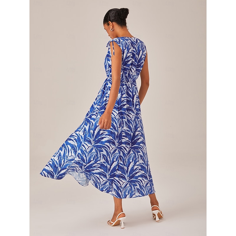 Petite Leaf Print Drawstring Short Sleeve Maxi Dress2