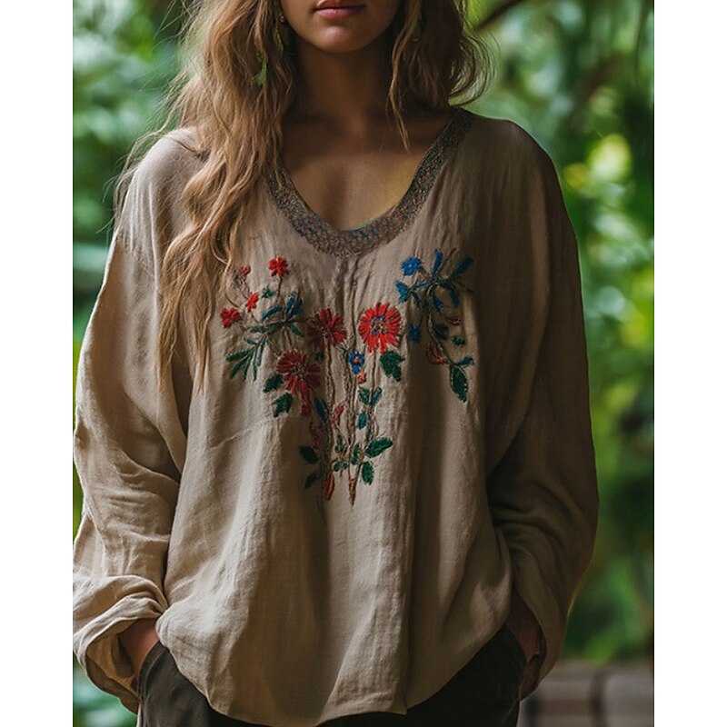 Women's Western Blouse Boho Shirt Blouse Flower Boho Long Sleeve V Neck Regular Tops Daily Going out Print Camel Khaki Summer3