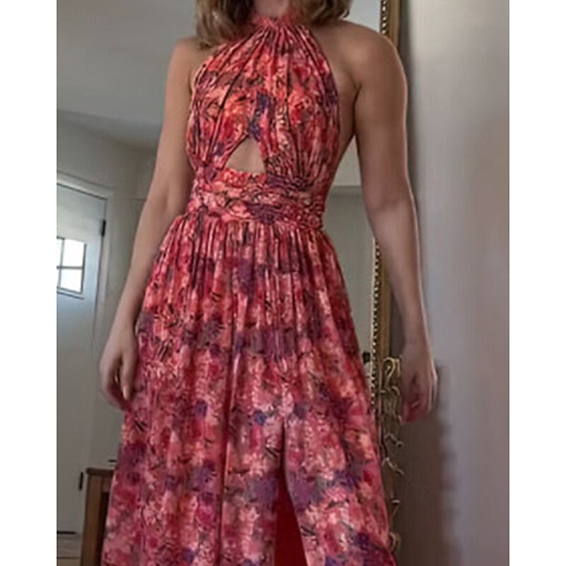Women's Long Dress Maxi Dress Casual Dress Floral Dress Fashion Elegant Dress Outdoor Party Holiday Regular Fit Flower Sleeveless Halter Neck Red Summer2