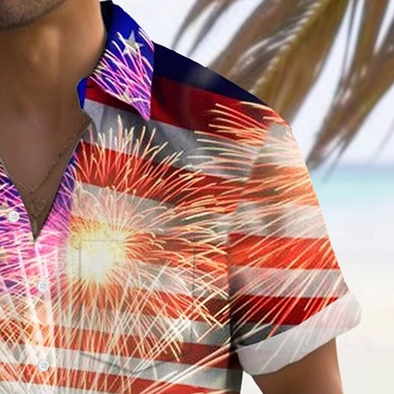 Independence Day Men's American US Flag Patriotic Fireworks Shirt Summer Shirt Button Up Shirt Short Sleeve Fashion Casual Holiday Summer Spring Turndown 3D Print Collared Shirts Front One Pocket Red2