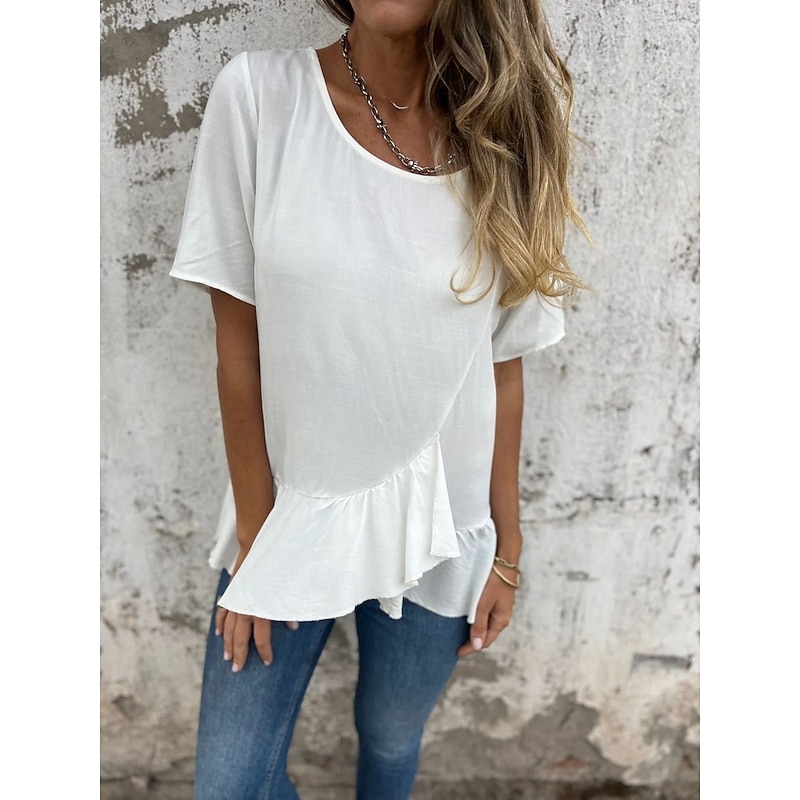Women's Cotton Linen Shirts Solid Color Daily Modern Short Sleeve Crew Neck Regular Tops Daily Holiday Ruffle Black White Pink Blue Summer