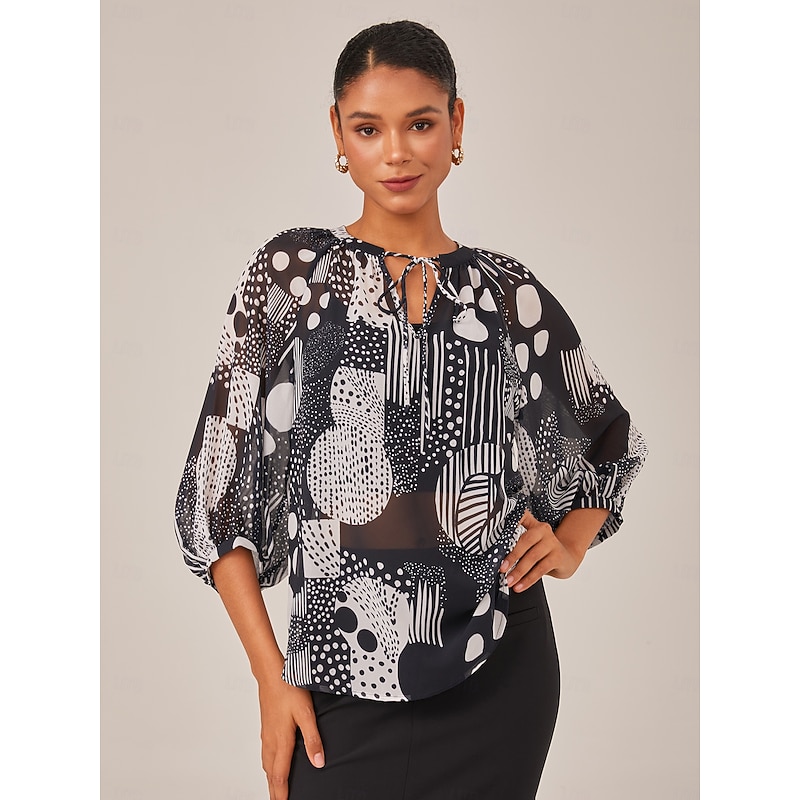 Women's Female Casual Shirt Abstract Casual Puff Sleeve Black Graphic 3/4 Length Sleeve Elegant Bohemia Vacation V Neck Summer