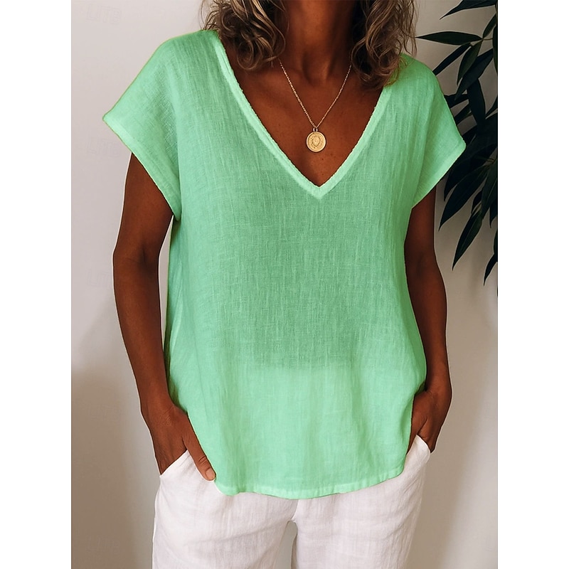 Women's T Shirt Solid Color Plain Casual Short Sleeve Round Neck Regular Tops Daily Going out Weekend Print White Yellow Light Green Purple Summer Spring2