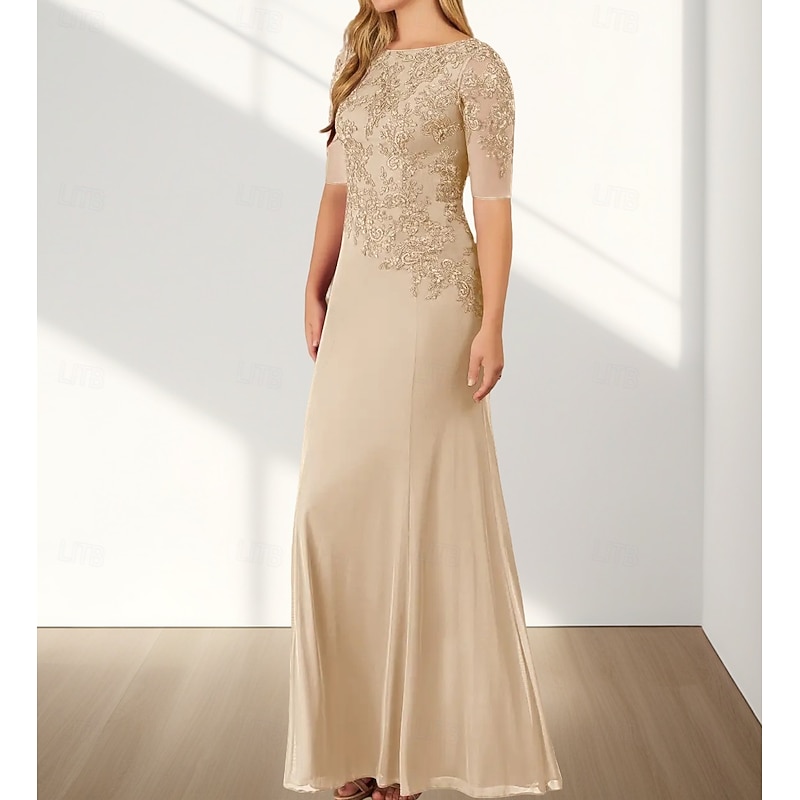 Mermaid / Trumpet Mother of the Bride Dress Wedding Guest Elegant Crew Neck Floor Length Chiffon Half Sleeve with Appliques3