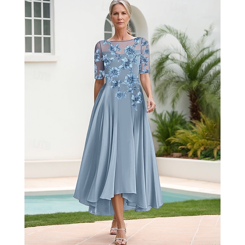 A-Line Floral Embroidered Lace Mother of the Bride Dress Elegant Simple Luxurious Boat Neck Floor Length Maxi Length Satin Lace Half Sleeve