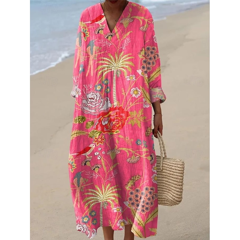 Women's Midi Dress V Neck Long Sleeve Kaftan Lightweight Loose Fit A Line Dress Casual Boho Party Going out Floral Graphic Long Sleeve V Neck Light Pink White Light Green Pink