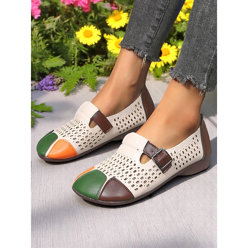 Women's Faux Leather Casual Wide Fit Shoes—Colorblock Comfort Barefoot Shoes, Breathable Cutouts, Adjustable Buckle Strap, Ideal for Garden Strolls, Weekend Outings and Daily Wear2