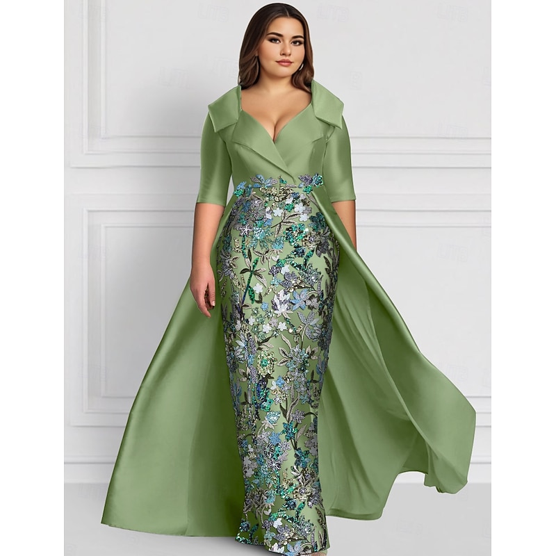 Embroidered Ball Gown A-Line Evening Gown Elegant Dress Formal Wedding Floor Length Half Sleeve Shirt Collar Satin with Slit Appliques3