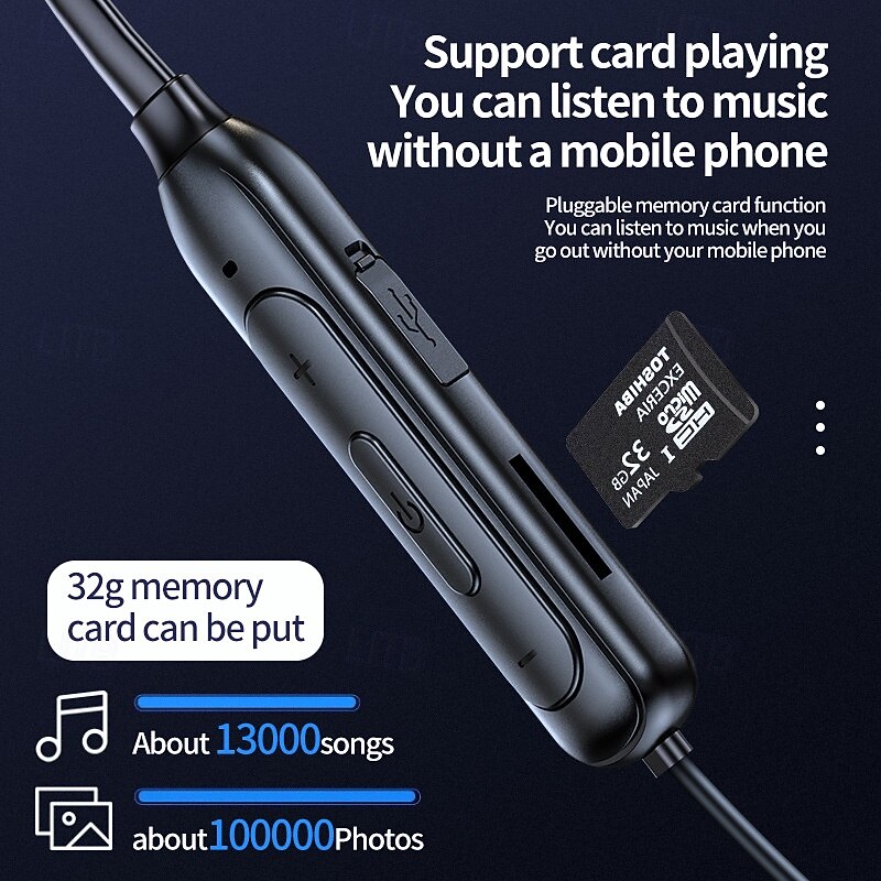 Bluetooth Neckband Earphones with MP3 Card Slot – Wireless In-Ear Headphones with Mic, Waterproof Sports Earbuds for Mobile Devices4