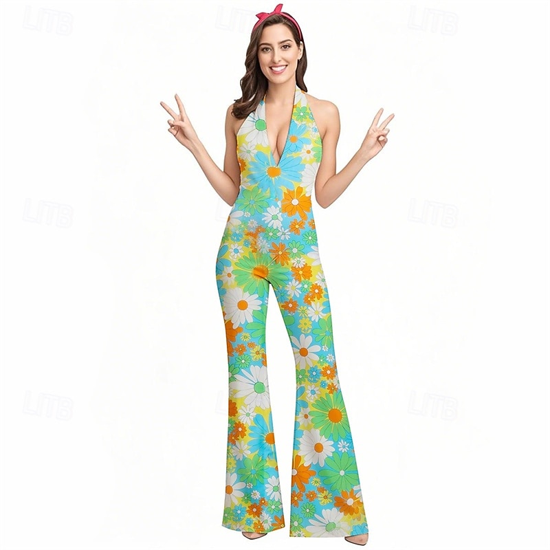 Retro Vintage Boho 1970s Bell Bottoms Jumpsuit Flared Trousers Hippie Disco Floral Fancy Dress Women's Halloween Carnival Vacation Music Festival Festival Adults' Jumpsuit4