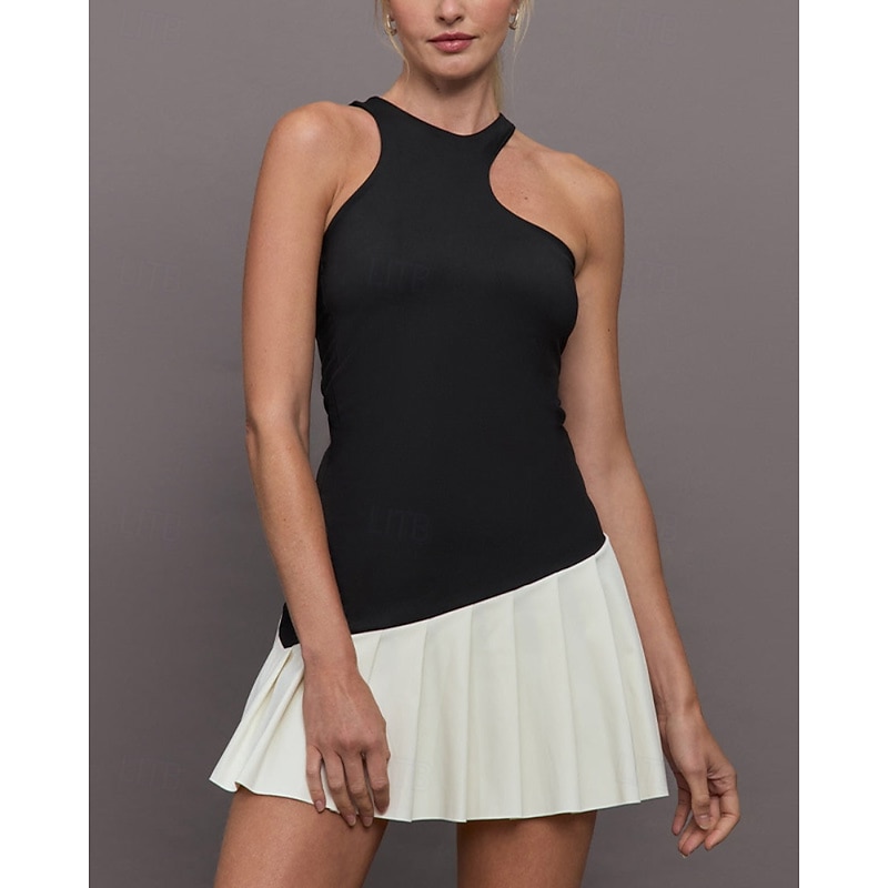 Women's Patchwork Tennis Dress Sports Dress Sleeveless Pleated Asymmetrical Breathable Tennis Golf Pickleball Jewel Neck Tank Back Black Tennis Clothing